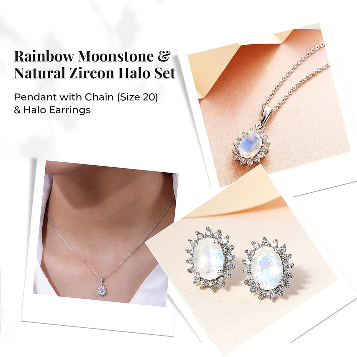 Rainbow Moonstone June Birthstone and Natural Zircon Halo Stud Earrings and Pendant with Chain (Size 20) in Platinum Overlay Sterling Silver 221224560 2