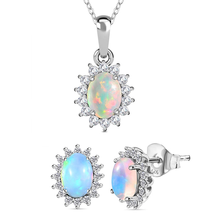 Rainbow Moonstone June Birthstone and Natural Zircon Halo Stud Earrings and Pendant with Chain (Size 20) in Platinum Overlay Sterling Silver 221224560 1