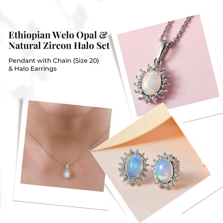 Rainbow Moonstone June Birthstone and Natural Zircon Halo Stud Earrings and Pendant with Chain (Size 20) in Platinum Overlay Sterling Silver 221224560 2