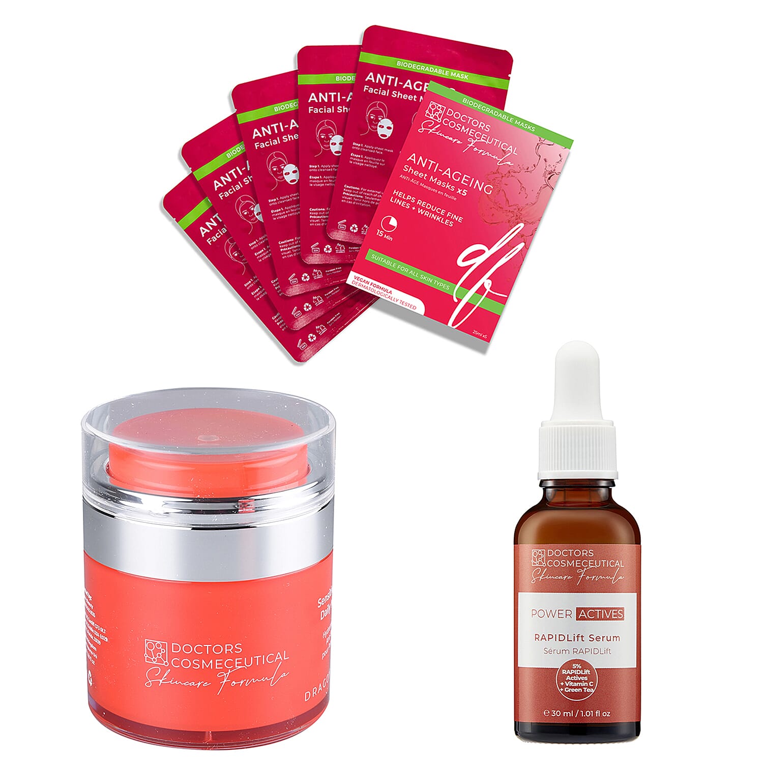Doctors Formula Bundle - Anti-ageing Sheet Masks, Power Active Rapid Lift Serum, Dragons Blood Daytime Moisturiser 221227322 0