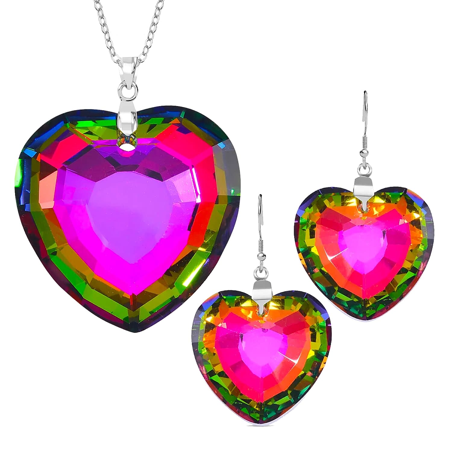 Multi Colour Crystal Heart Earrings and Necklace (Size - 24) in Pure White Stainless Steel 221227569 0