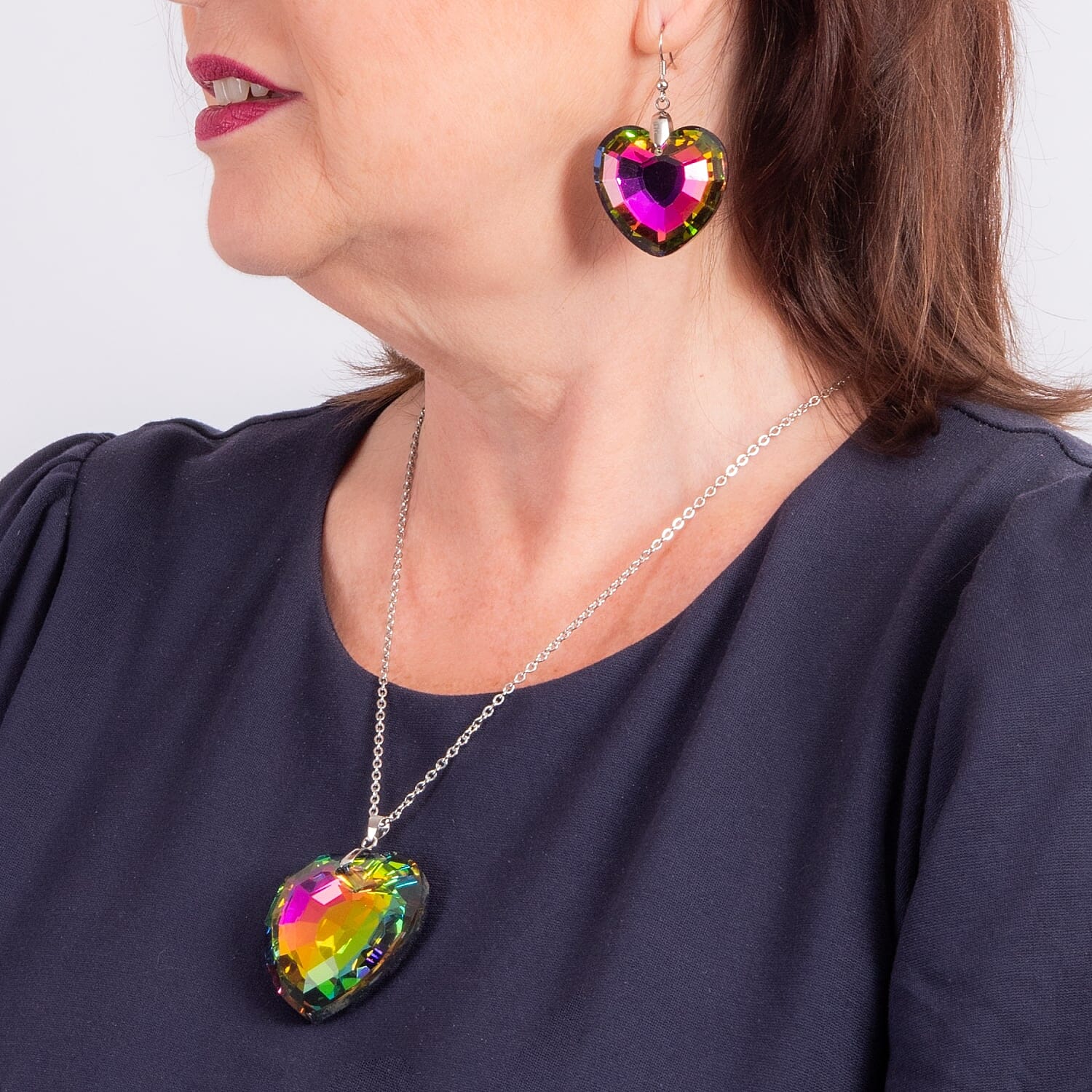Multi Colour Crystal Heart Earrings and Necklace (Size - 24) in Pure White Stainless Steel 221227569 2