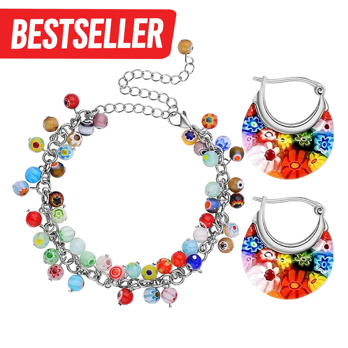 Multi Colour Murano Style Glass Stainless Steel Bracelet and Basket Earrings 221227574 1