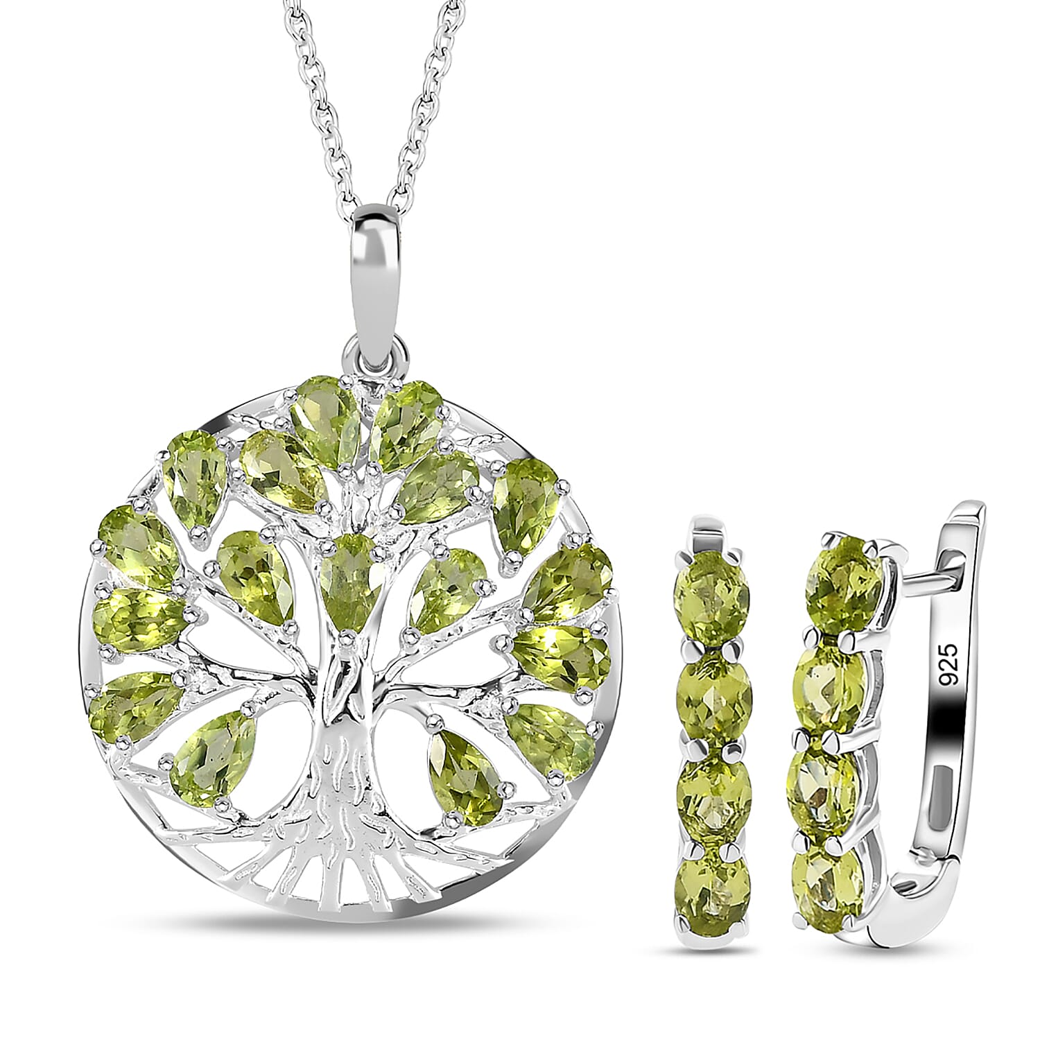 Hebei Peridot August Birthstone Hoop Earrings and Tree of Life Pendant With Chain (Size 20) in Platinum Plated Sterling Silver 221235734 0