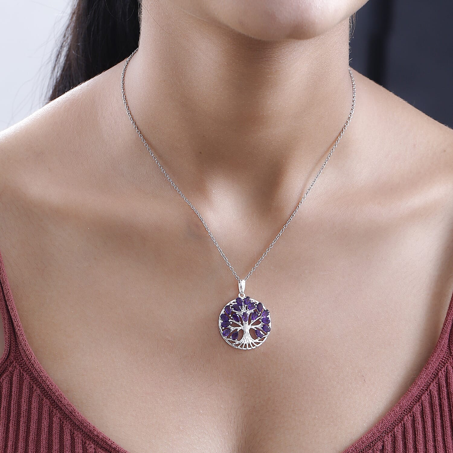 Amethyst February Birthstone Hoop Earrings and Tree of Life Pendant With Chain (Size 20) in Platinum Plated Sterling Silver 221235735 1