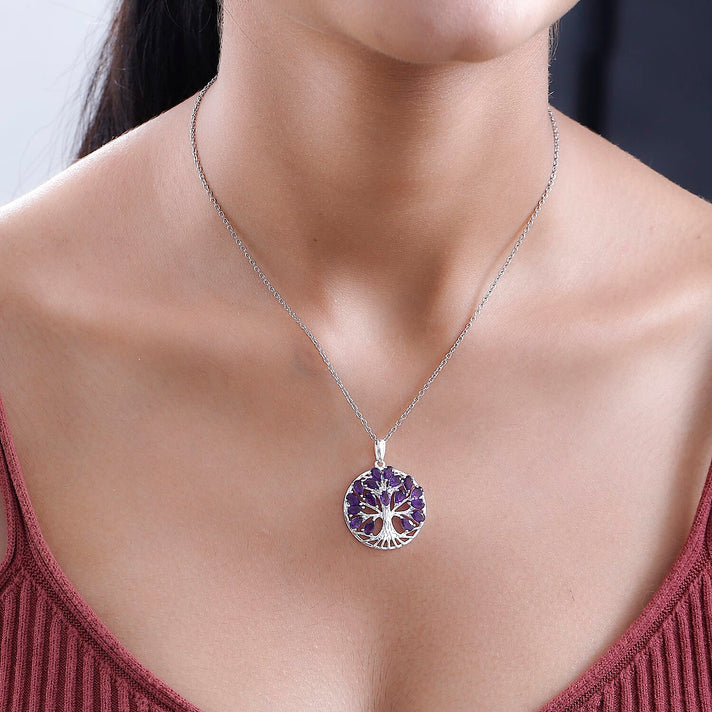 Amethyst February Birthstone Hoop Earrings and Tree of Life Pendant With Chain (Size 20) in Platinum Plated Sterling Silver 221235735 2