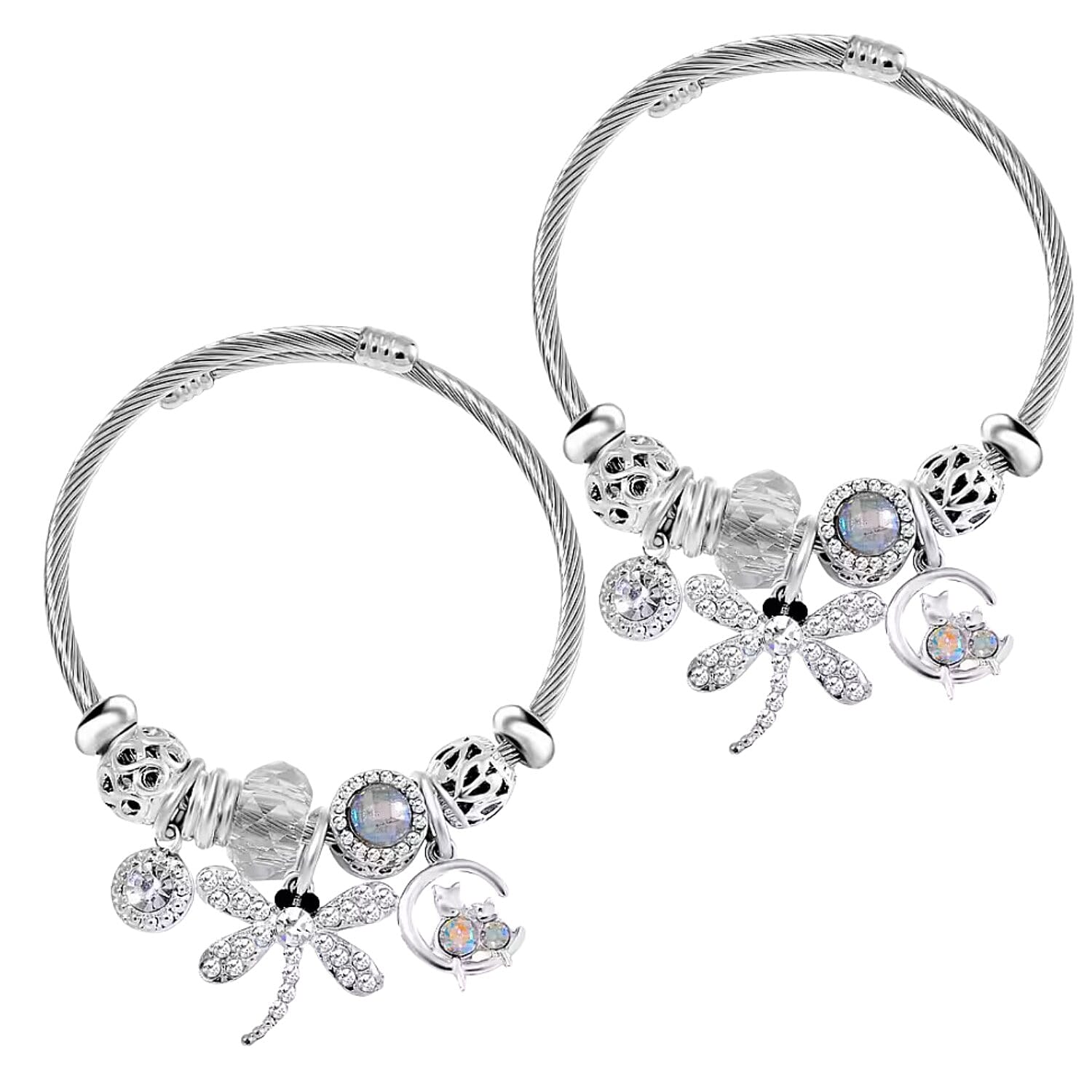 Set of 2 - White Multi Colour Ceramic Beads Enamelled Charms Dragonfly Adjustable Bangle 221235982 0