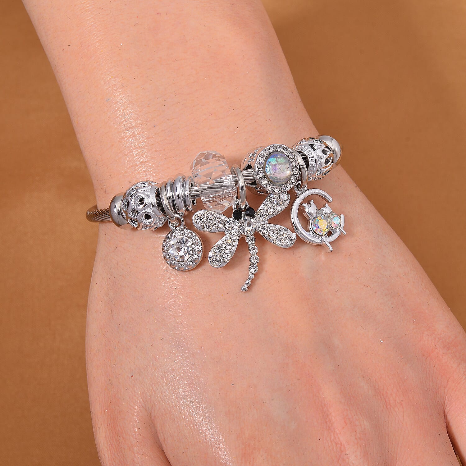 Set of 2 - White Multi Colour Ceramic Beads Enamelled Charms Dragonfly Adjustable Bangle 221235982 1