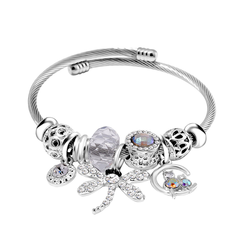 Set of 2 - White Multi Colour Ceramic Beads Enamelled Charms Dragonfly Adjustable Bangle
