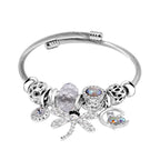 Set of 2 - White Multi Colour Ceramic Beads Enamelled Charms Dragonfly Adjustable Bangle
