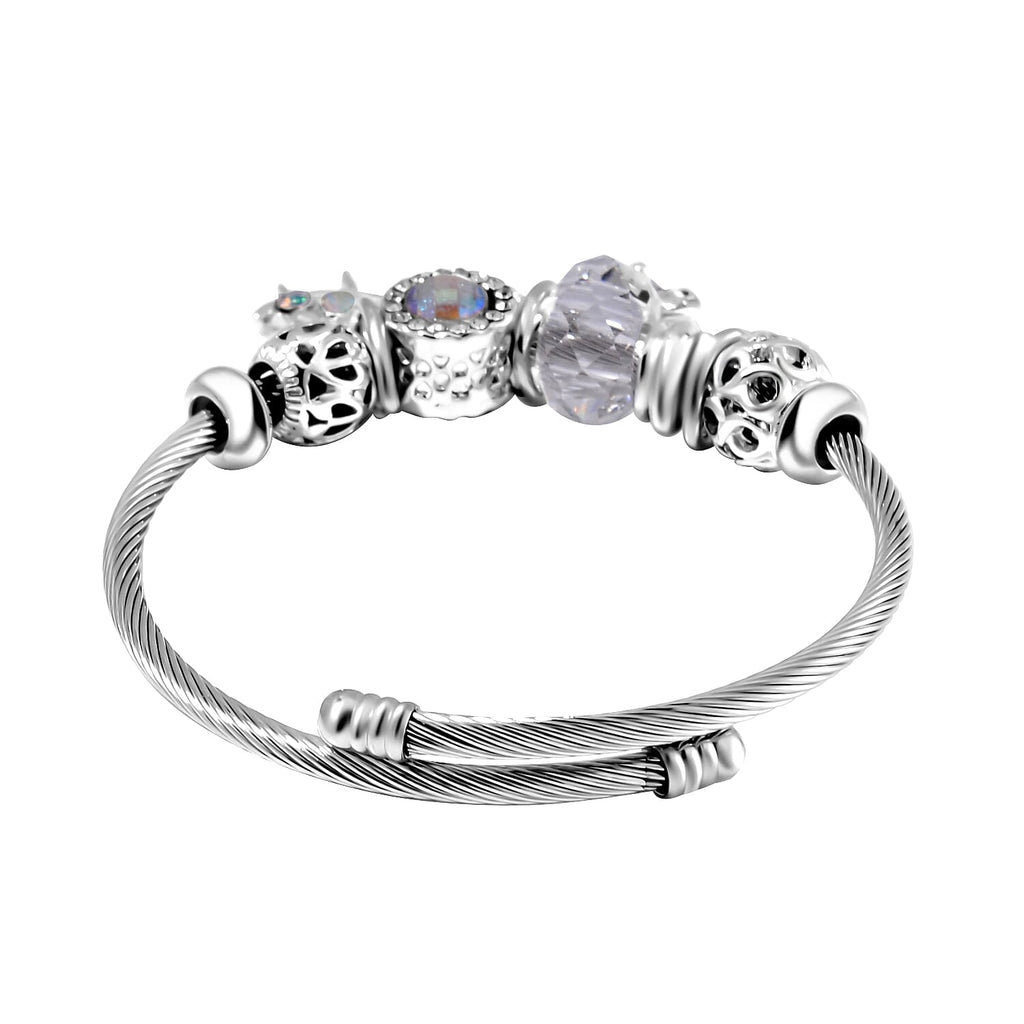 Set of 2 - White Multi Colour Ceramic Beads Enamelled Charms Dragonfly Adjustable Bangle