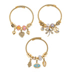 Set of 3 - Multi Colour Charms Dragonfly, Heart and Evil Eye Adjustable Bangles