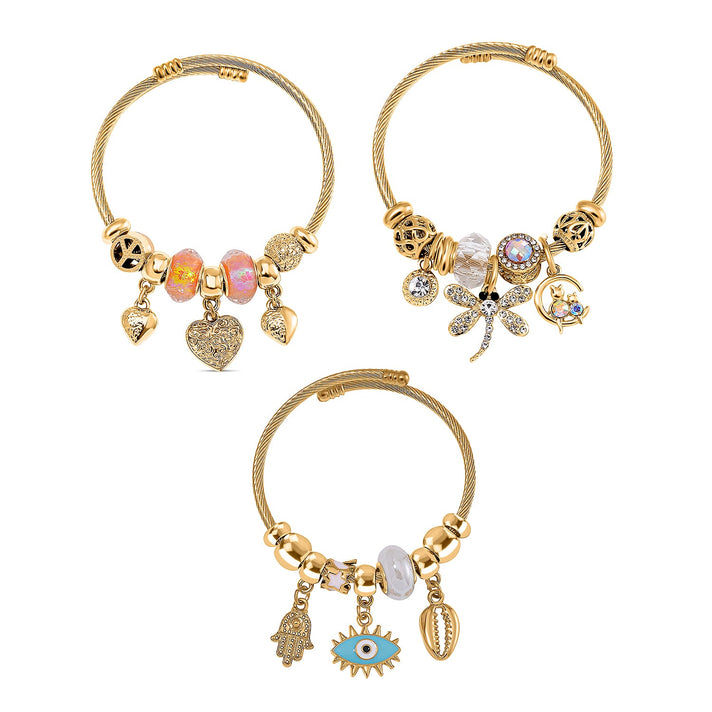 Set of 3 - Multi Colour Charms Dragonfly, Heart and Evil Eye Adjustable Bangles 221236160 1