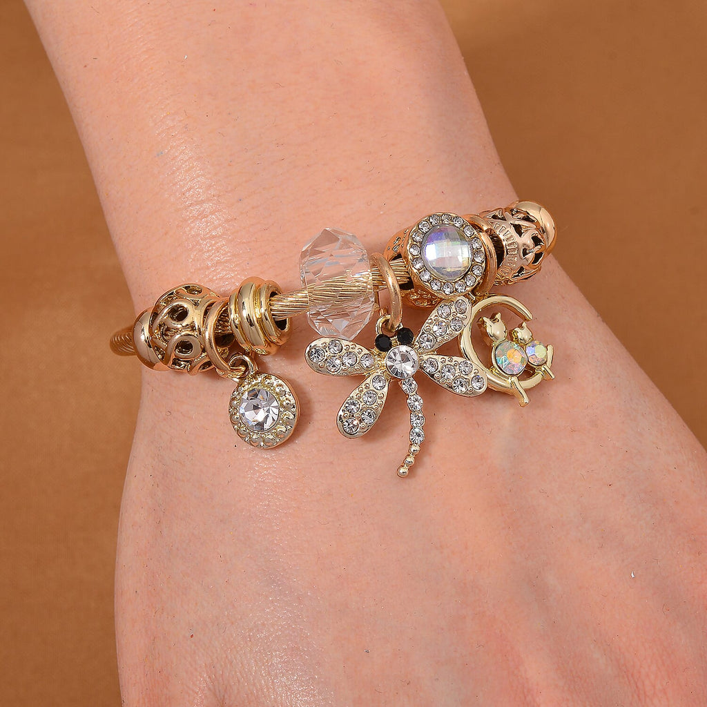 Set of 3 - Multi Colour Charms Dragonfly, Heart and Evil Eye Adjustable Bangles