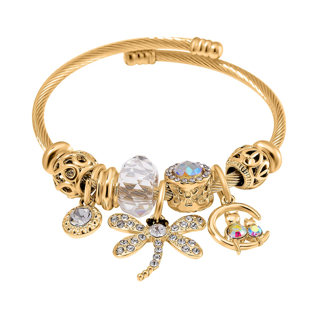 Set of 3 - Multi Colour Charms Dragonfly, Heart and Evil Eye Adjustable Bangles