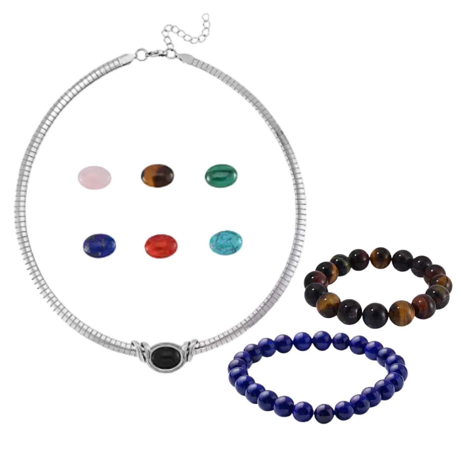 Set of Lapis Lazuli, Multi Gemstones Interchangeable Necklace (Size - 18) in Pure White Stainless Steel 59.500 Ct., Lapis Lazuli Beads Stretchable Bracelet (Size 7.5) 97.00 Ct., and Tigers Eye Bead Bracelet 221236911 0