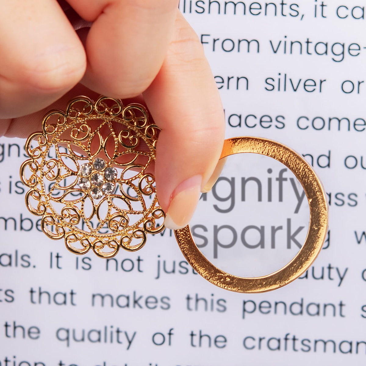 Set of 2 - White Austrian Crystal and Magnifying Glass Mandala Art Floral Pendant with Stainless Steel Chain (Size 24-2 Inch Ext.) in Yellow Gold Tone 221239013 5
