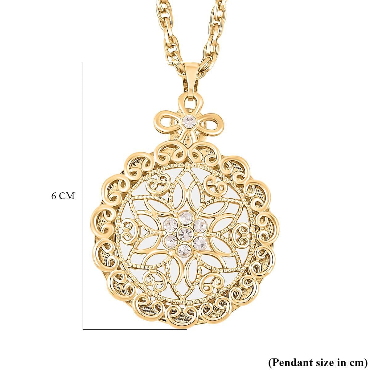 Set of 2 - White Austrian Crystal and Magnifying Glass Mandala Art Floral Pendant with Stainless Steel Chain (Size 24-2 Inch Ext.) in Yellow Gold Tone 221239013 6