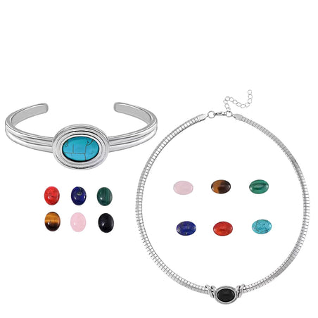 Multi Gemstones Interchangeable Necklace (18 - 20 Inch) and Bangle in Pure White Stainless Steel 221241438 1