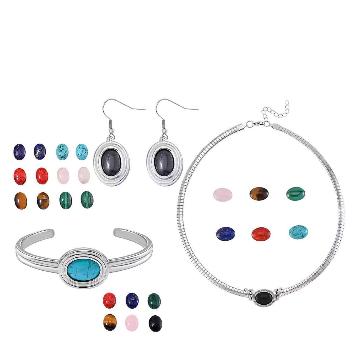 Multi Gemstones Interchangeable Necklace (18 - 20 Inch), Drop Earrings and Bangle in Pure White Stainless Steel 221241441 0
