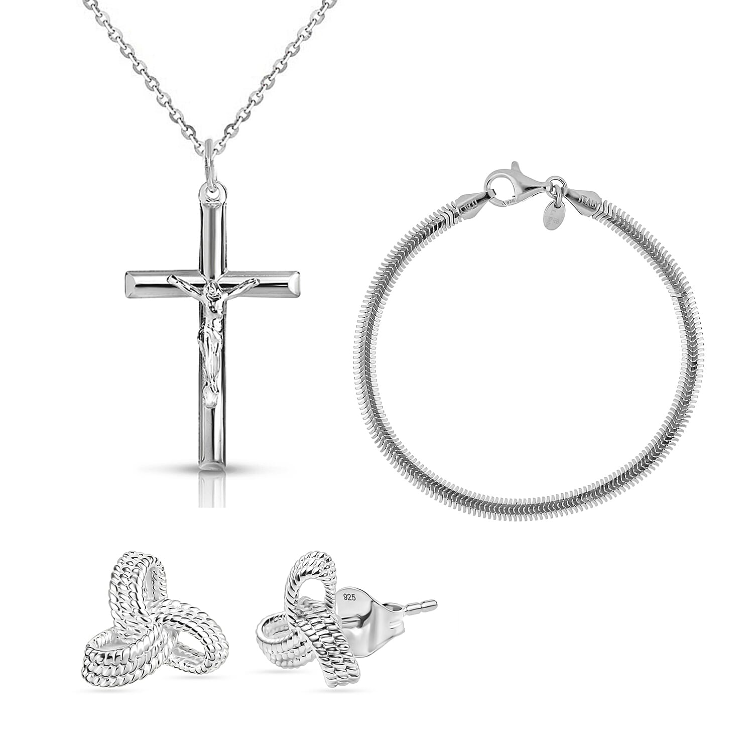 Christmas Cracker Deal - La Bella Silver Herringbone Bracelet, Silver Knot Earrings, Silver Cross Pendant 221242015 0