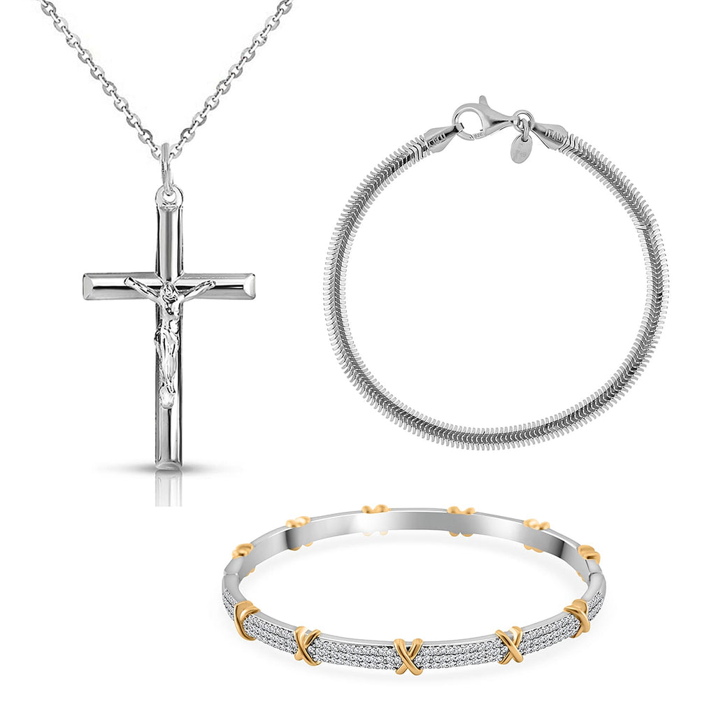 Best Christmas Jewellery Gift Cubic Zirconia Bangle, La Bella Sterling Silver Herringbone Bracelet, Cross Pendant