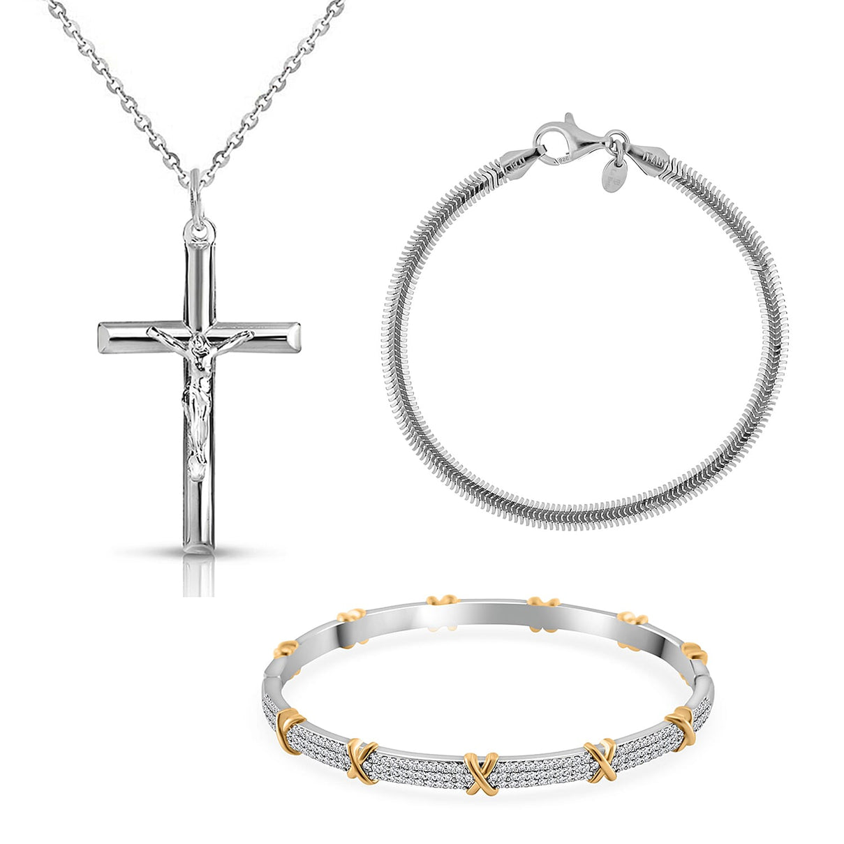 Best Christmas Jewellery Gift Cubic Zirconia Bangle, La Bella Sterling Silver Herringbone Bracelet, Cross Pendant 221242016 0