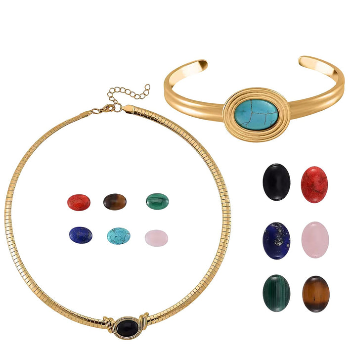 Multi Gemstones Interchangeable Necklace (18 - 20 Inch) and Bangle in Yellow Tone in Pure Stainless Steel 221250918 1