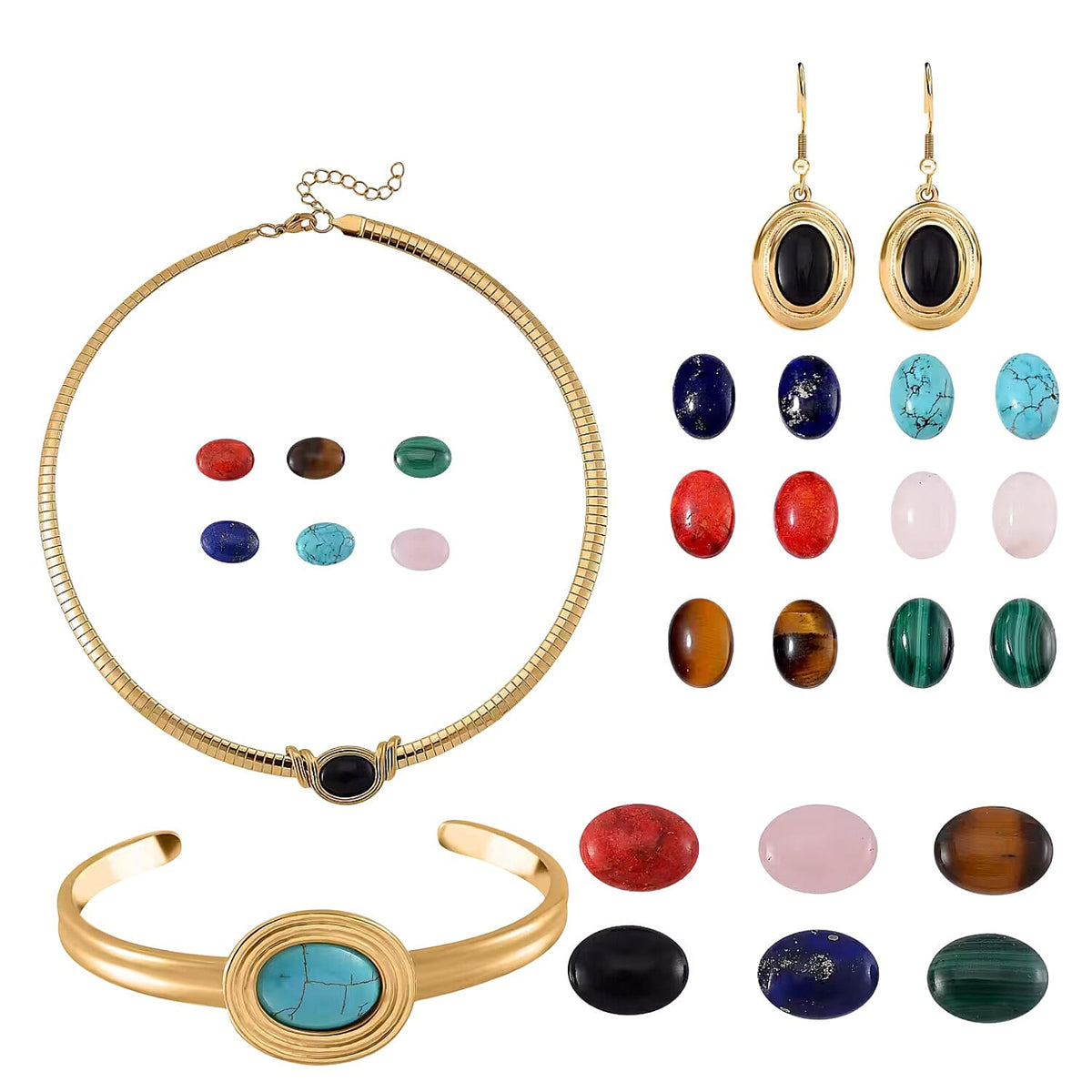 Set of Multi Gemstones Interchangeable Necklace (18 - 20 Inch), Drop Earrings and Bangle in Pure Stainless Steel with Yellow Tone 221250919 0