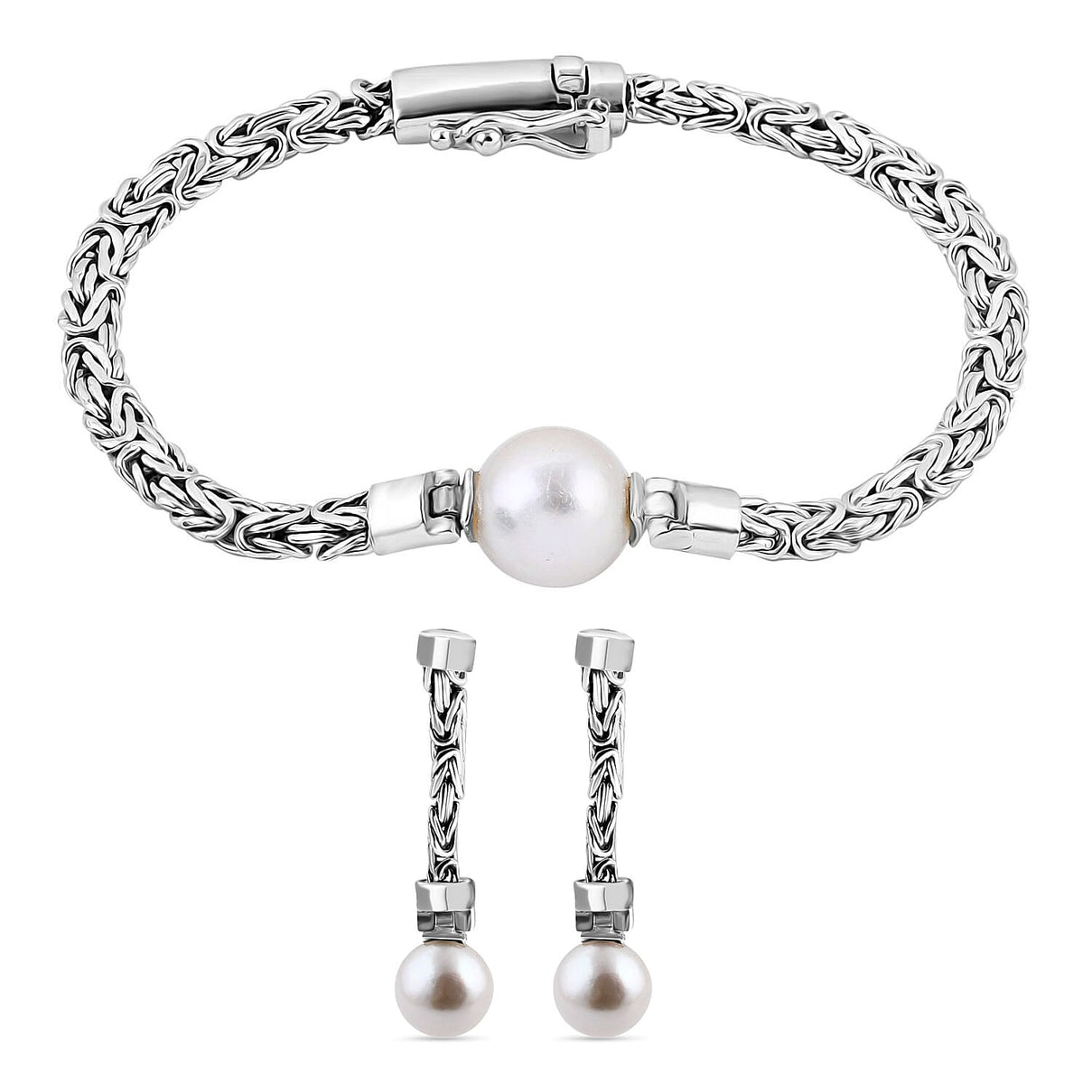 VALUE BUY Royal Bali - Edison Pearl Borobudor Earrings With Push Back in Sterling Silver 19.46 Ct &amp;Edison Pearl Byzantine Bracelet (Size - 7.5) in Sterling Silver 11.73 Ct, Silver Wt. 15.23 Gms. Bundl 221252069 0