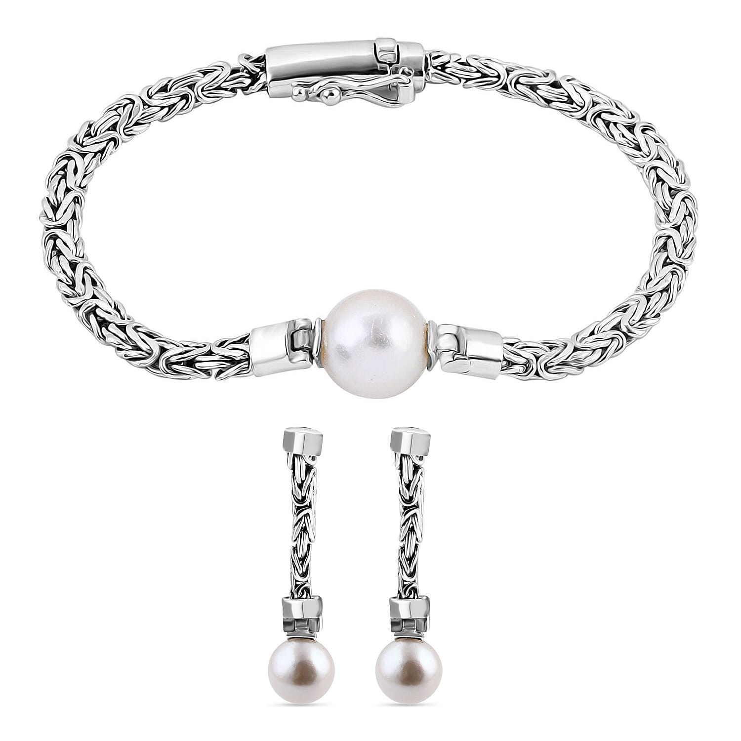 VALUE BUY Royal Bali - Edison Pearl Borobudor Earrings With Push Back in Sterling Silver 19.46 Ct &amp;Edison Pearl Byzantine Bracelet (Size - 7.5) in Sterling Silver 11.73 Ct, Silver Wt. 15.23 Gms. Bundl 221252069 0