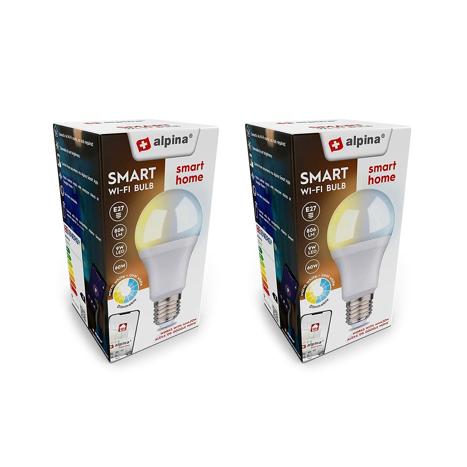 Pack of 2 Alpina RGB Smart Wi-Fi E27 LED Bulb (9W) - White 221258112 0