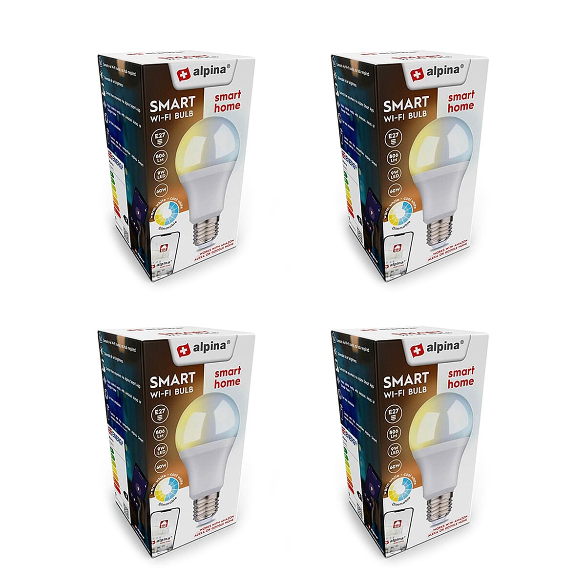 Pack of 4 - Alpina RGB Smart Wi-Fi Bulb E27 9W - White 221259705 0