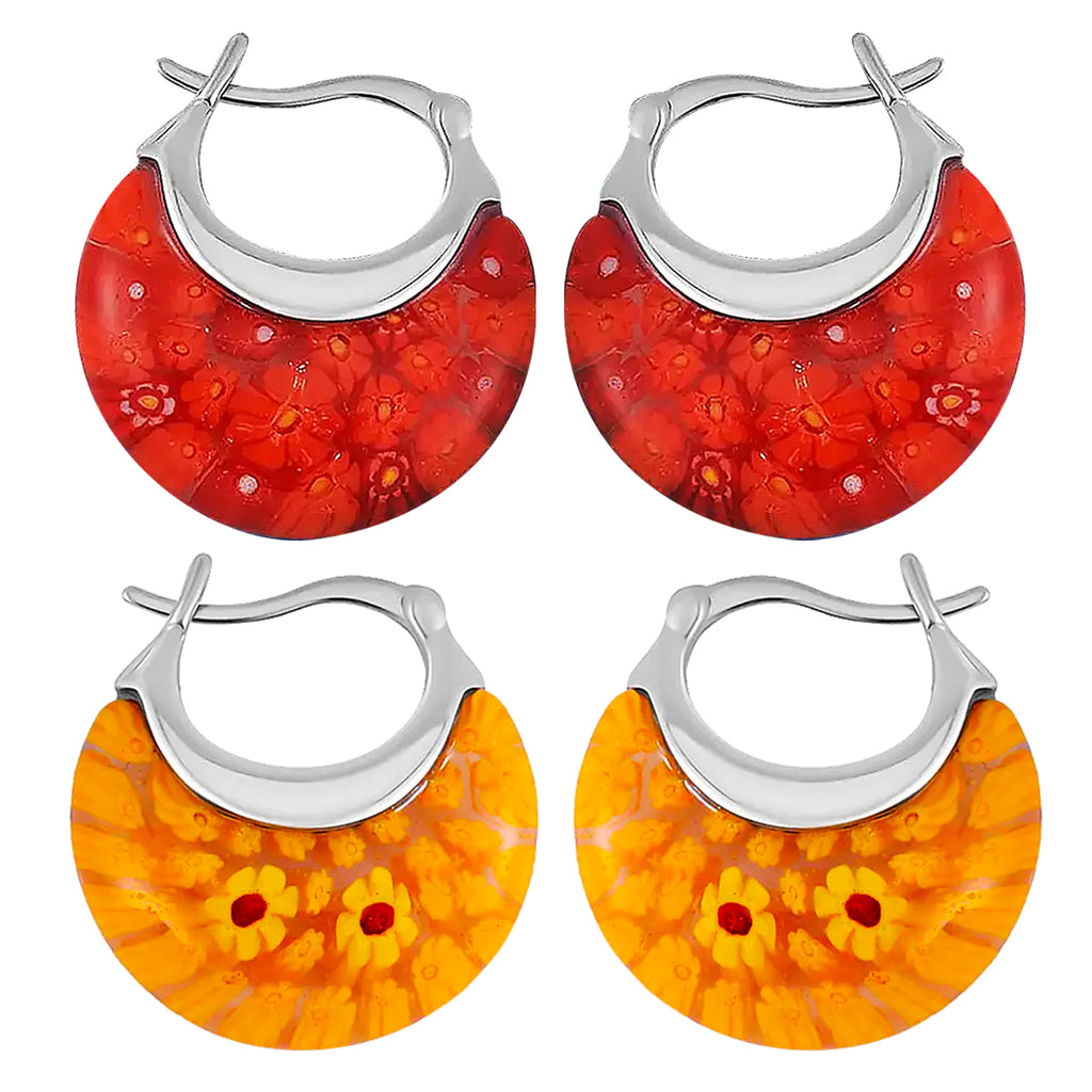 Set of 2 - Red and Yellow Colour Murano Style Basket Earrings in Stainless Steel