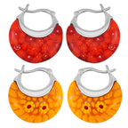 Set of 2 - Red and Yellow Colour Murano Style Basket Earrings in Stainless Steel