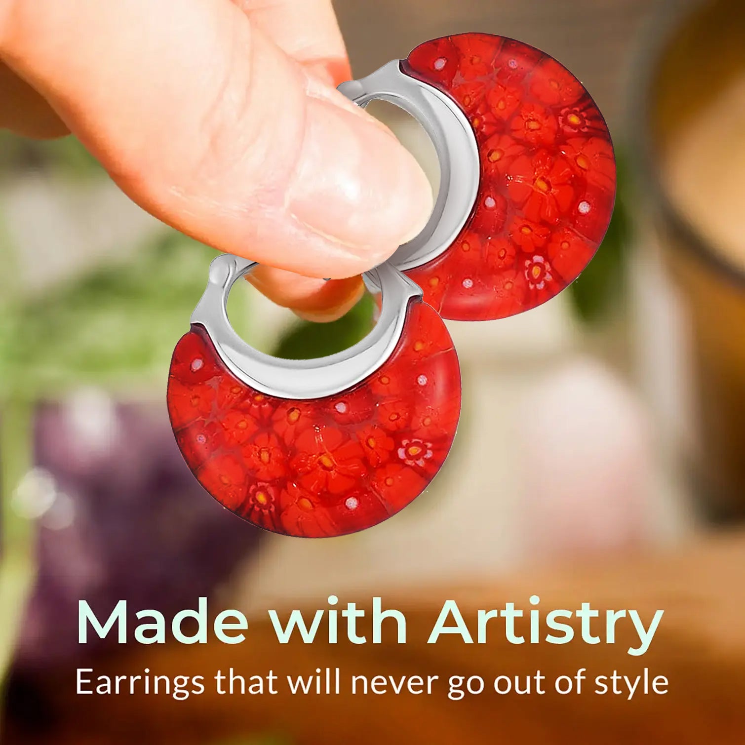 Set of 2 - Red and Yellow Colour Murano Style Glass Basket Earrings in Stainless Steel 221261393 1