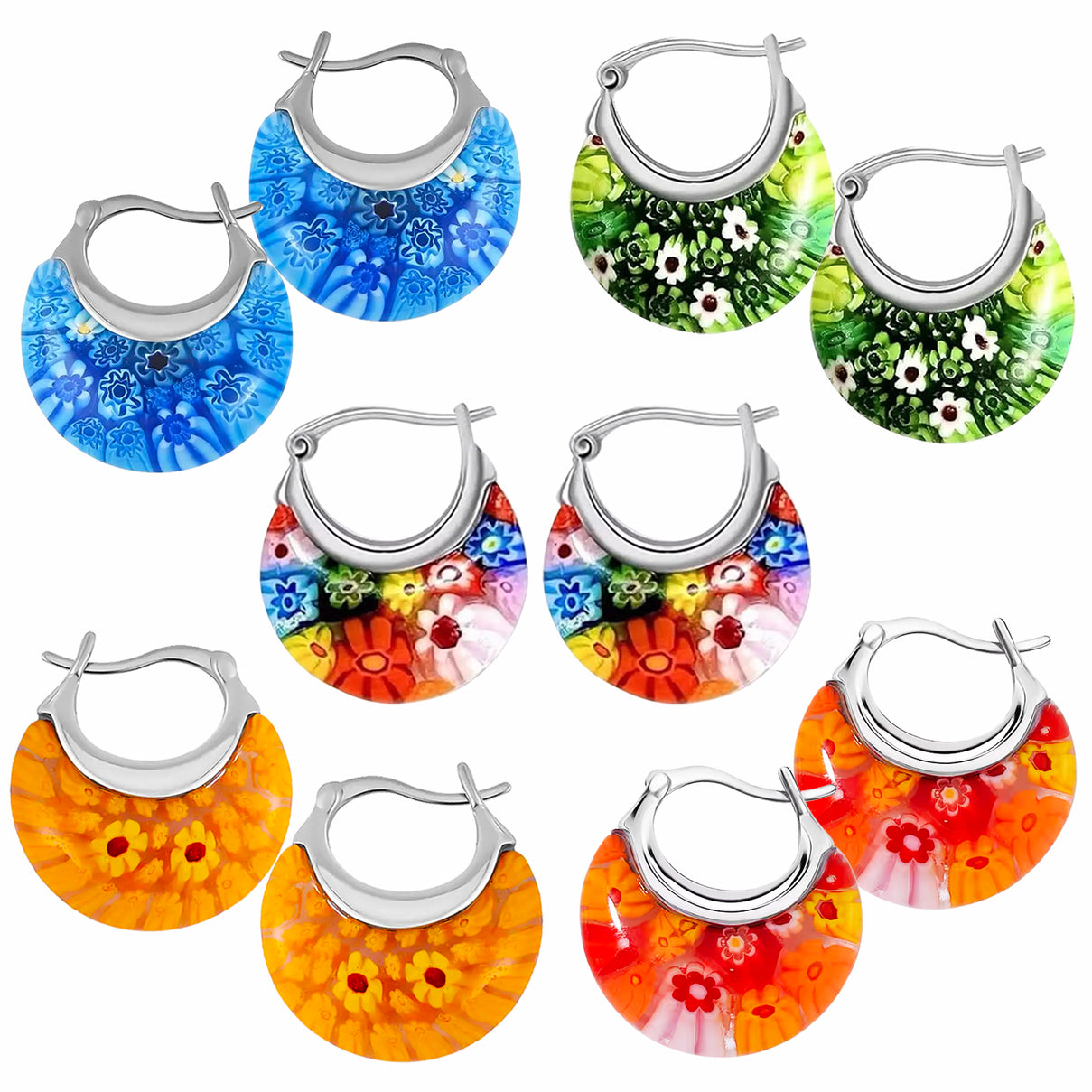 Set of 5 - Multi Colour, Green, Blue, Yellow and Orange Murano Style Basket Earrings in Stainless Steel 221261403 0