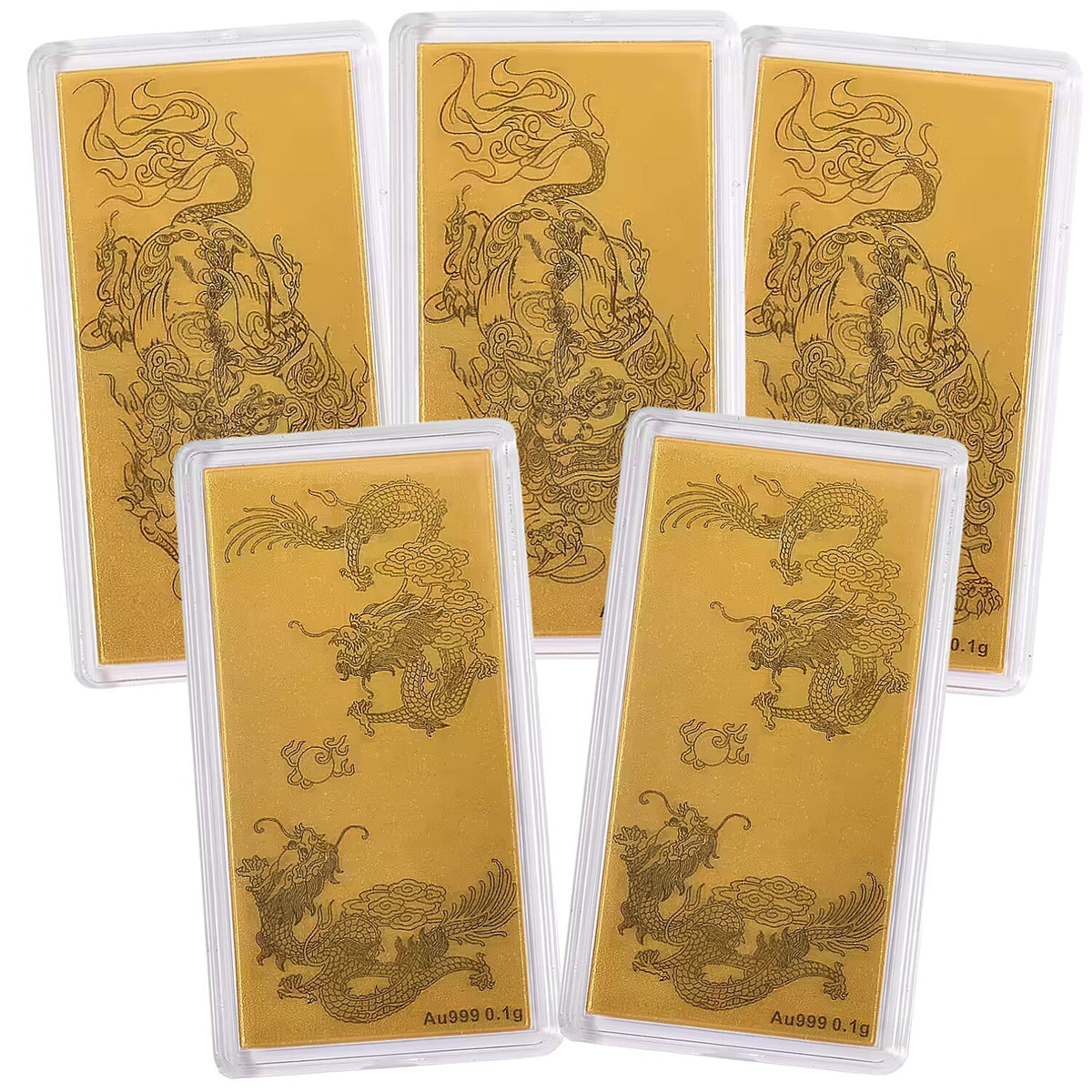Set of 5 - Three 24K Yellow Gold Pixiu and Two 24K Yellow Gold Dragon Pattern Collectables 221265063 0