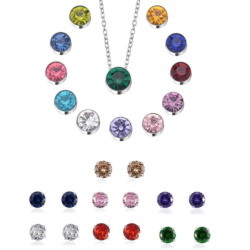 Everyday Look Set - 7 Multi Gemstone Stud Earrings in Sterling Silver & 12 Multi Austrian Crystal Pendant with Chain in Mix Metal