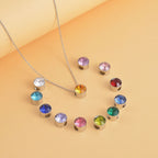 Everyday Look Set - 7 Multi Gemstone Stud Earrings in Sterling Silver & 12 Multi Austrian Crystal Pendant with Chain in Mix Metal