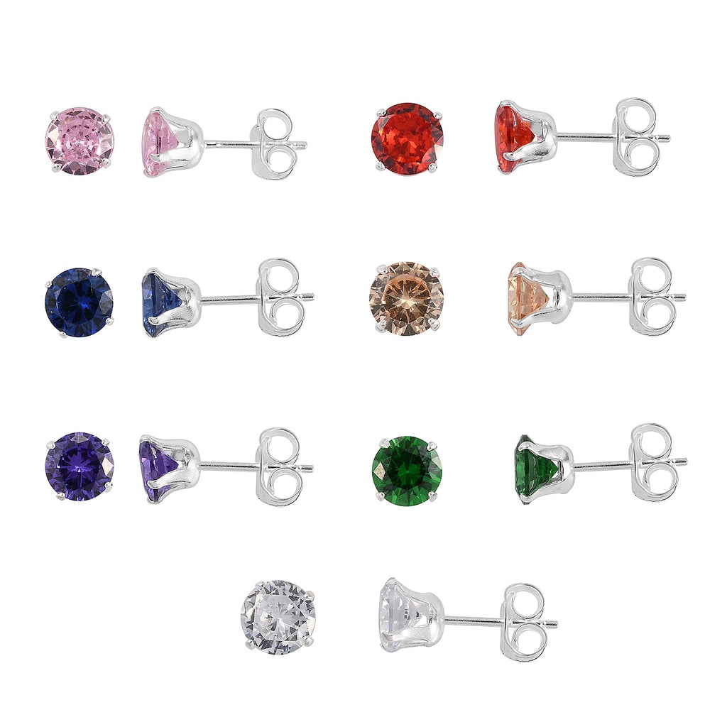 Everyday Look Set - 7 Multi Gemstone Stud Earrings in Sterling Silver & 12 Multi Austrian Crystal Pendant with Chain in Mix Metal