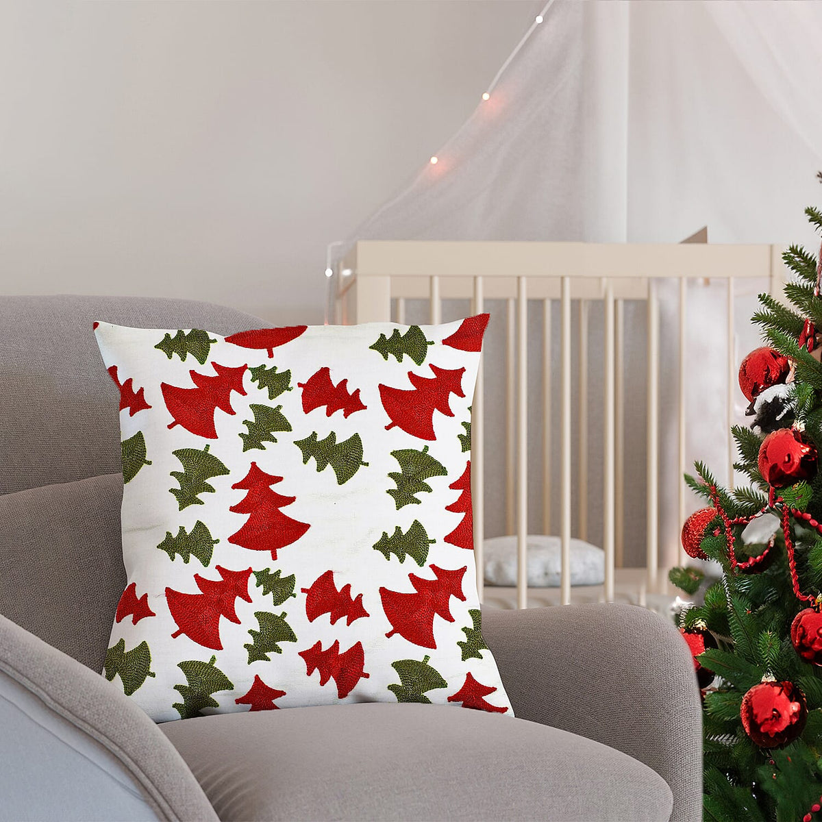 Christmas Decoration - Set of 4 Cotton (100%) Towel Embroidery Soft Cushion Cover with Christmas Tree &amp; Stocking Pattern (45x45cm) 221279198 1