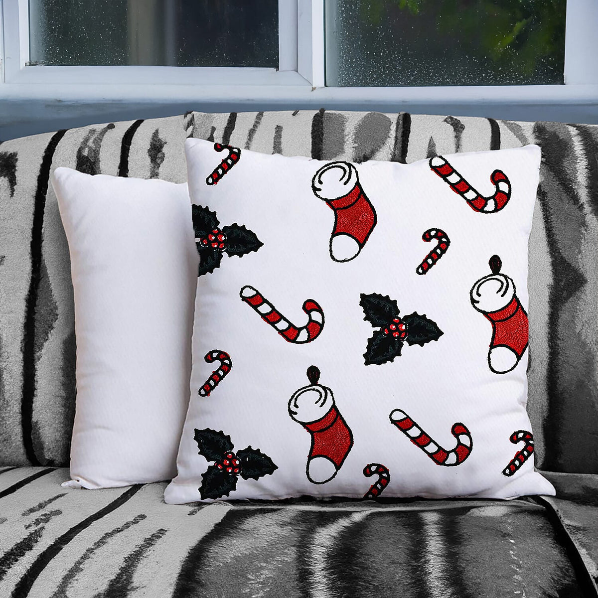Christmas Decoration - Set of 4 Cotton (100%) Towel Embroidery Soft Cushion Cover with Christmas Tree &amp; Stocking Pattern (45x45cm) 221279198 4