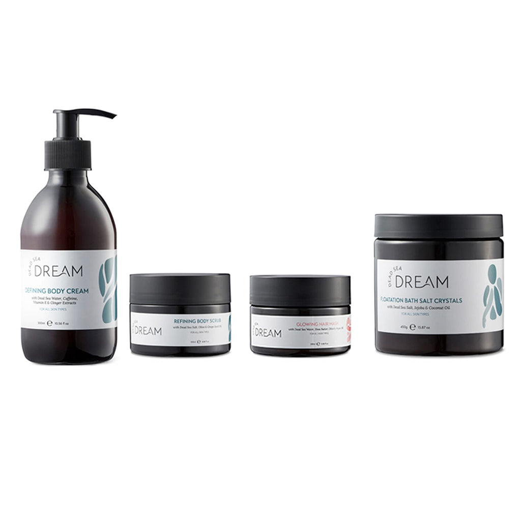 Dead Sea Dream Spa Gift Set - Body Scrub 250ml, Floatation Bath Salt Crystals 450g, Glowing Hair Mask 250ml & Body Cream 300ml