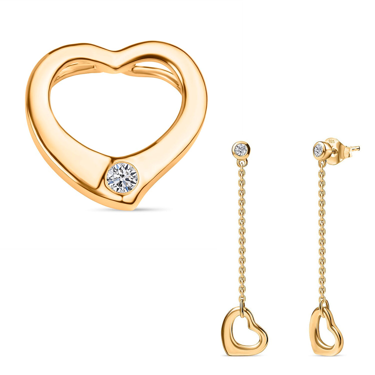 Luxuriant Golden Heart Christmas Gift Set - Lab Grown Diamond Solitaire Heart Pendant &amp; Drop Heart Earrings in 18K Vermeil Yellow Gold Plated Sterling Silver (SI G-H) 221281083 0