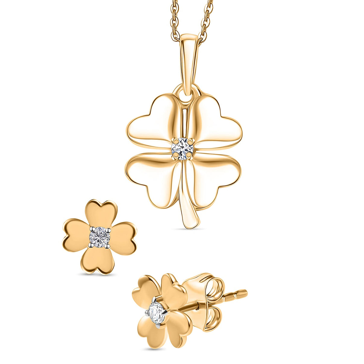 Luxuriant Gold Clover Christmas Gift - Lab Grown Diamond Solitaire Pendant with Chain (Size 20) &amp; Stud Push Back Earrings in 18K Vermeil Yellow Gold Plated Sterling Silver (SI-GH) 221281088 0