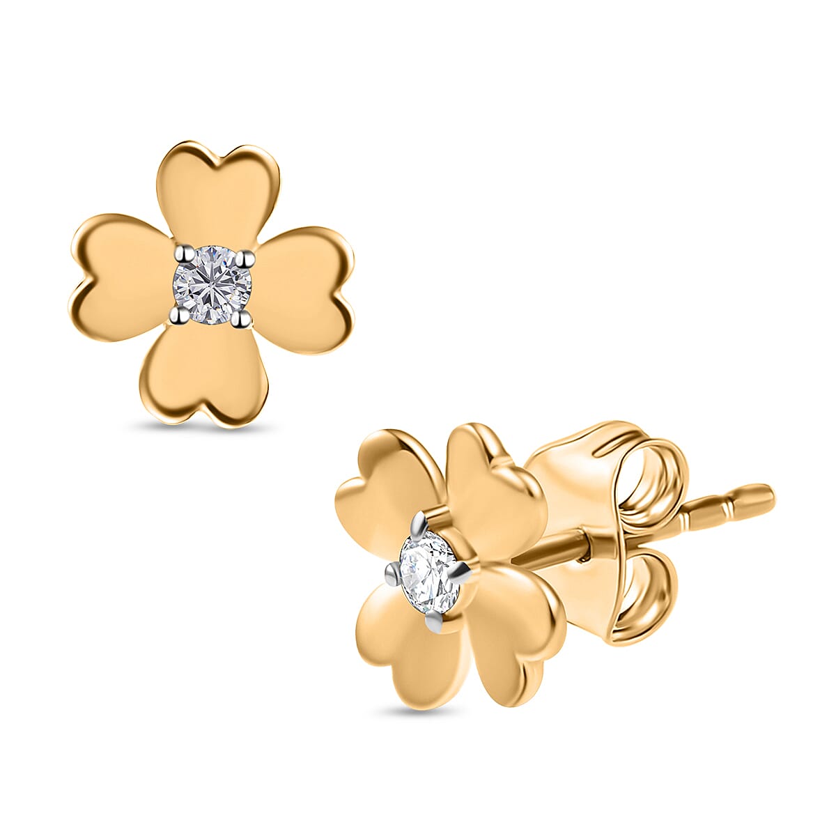 Luxuriant Gold Clover Christmas Gift - Lab Grown Diamond Solitaire Pendant with Chain (Size 20) &amp; Stud Push Back Earrings in 18K Vermeil Yellow Gold Plated Sterling Silver (SI-GH) 221281088 2