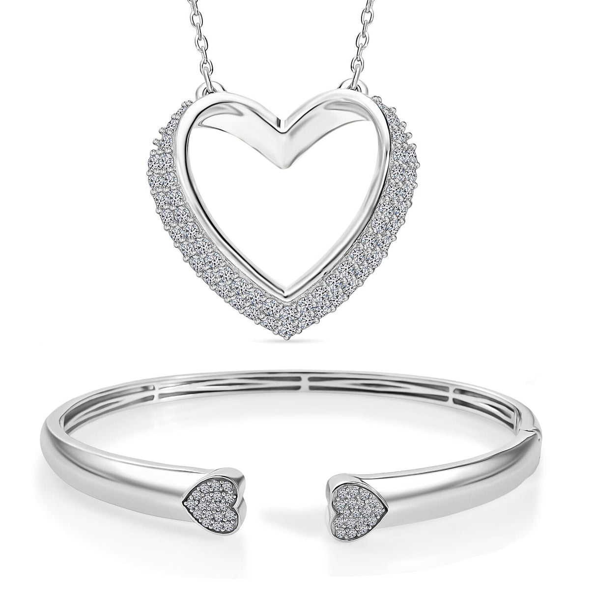 Luxuriant Gift of Timeless Love - Lab Grown Diamond Openable Heart Bangle 7.5 Inch &amp; Heart Pendant with Chain (Size 18-2 Ext.) with Spring Ring Clasp in Rhodium Overlay Sterling Silver (SI-GH) 221281089 0