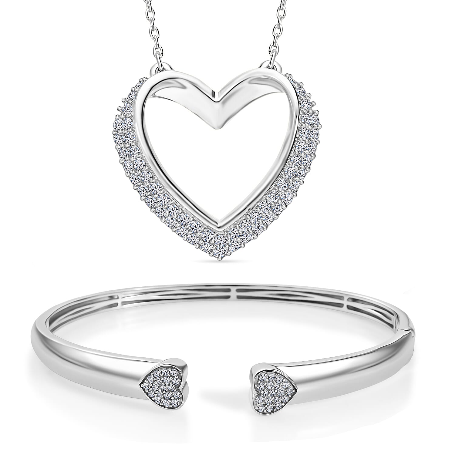Luxuriant Gift of Timeless Love - Lab Grown Diamond Openable Heart Bangle 7.5 Inch &amp; Heart Pendant with Chain (Size 18-2 Ext.) with Spring Ring Clasp in Rhodium Overlay Sterling Silver (SI-GH) 221281089 0