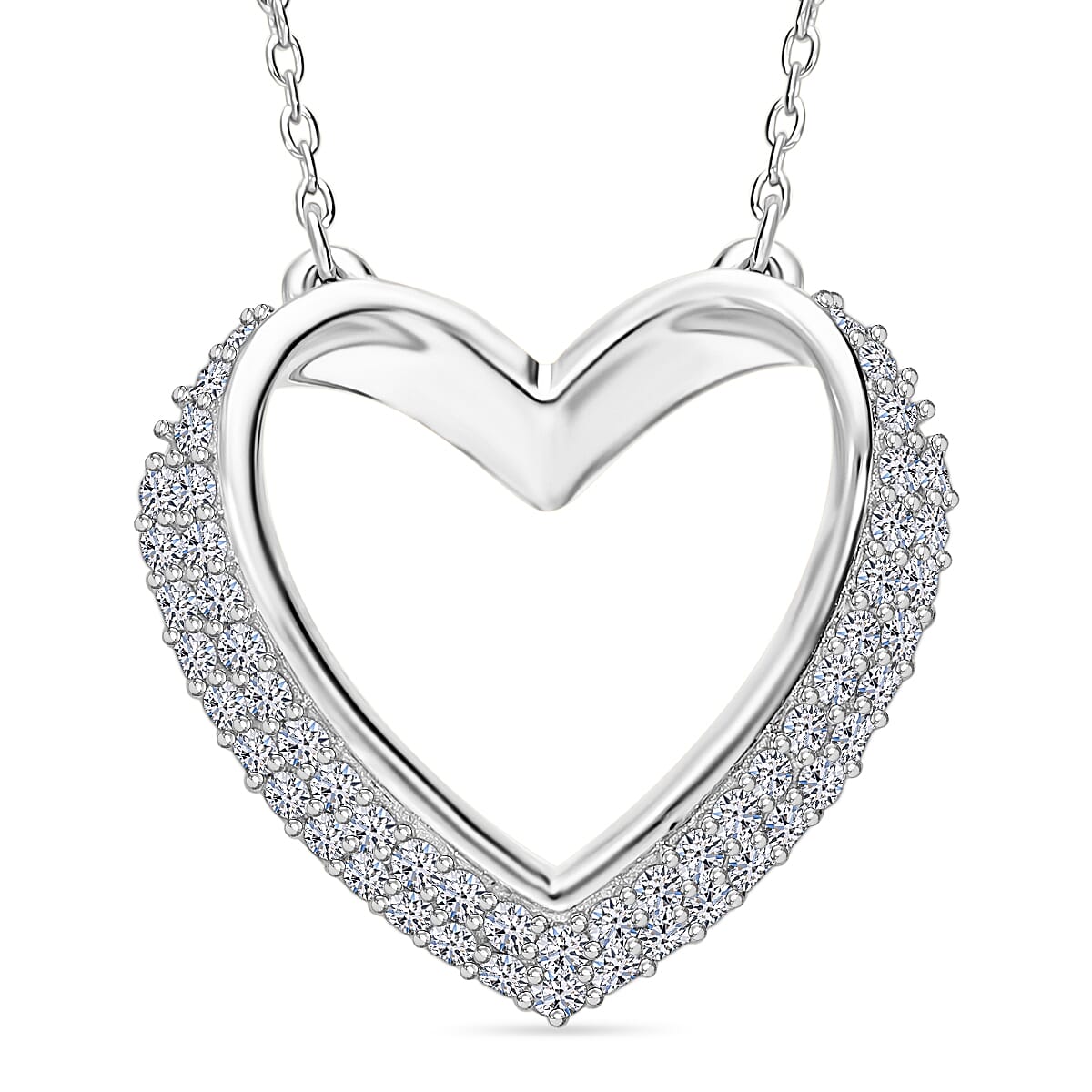 Luxuriant Gift of Timeless Love - Lab Grown Diamond Openable Heart Bangle 7.5 Inch &amp; Heart Pendant with Chain (Size 18-2 Ext.) with Spring Ring Clasp in Rhodium Overlay Sterling Silver (SI-GH) 221281089 1